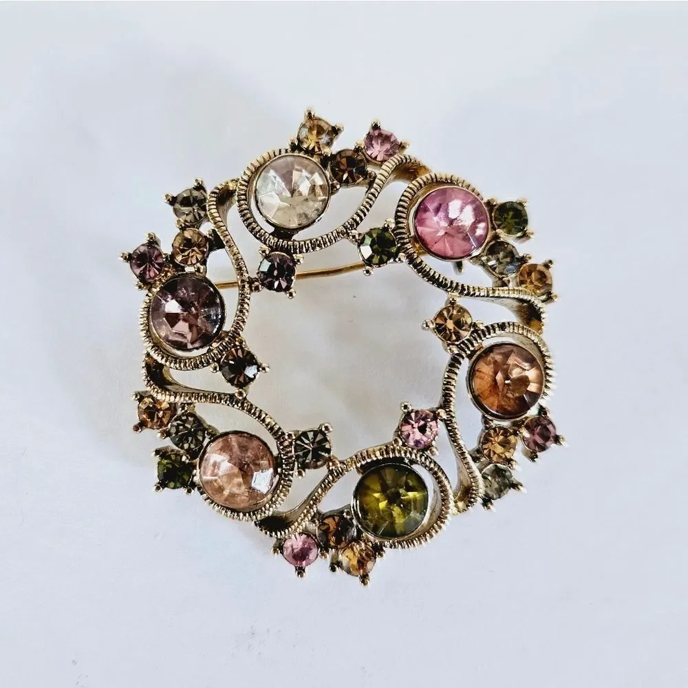 Vintage Signed Monet Openwork Pink Green Rhinestone Circular Wreath Brooch Pin